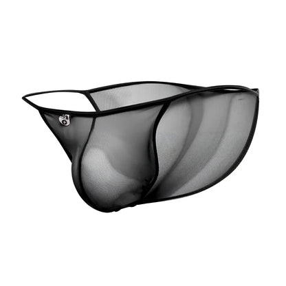 Black mesh briefs with sleek form-fitting design and reinforced elastic trim from mob men’s sheer bikini collection