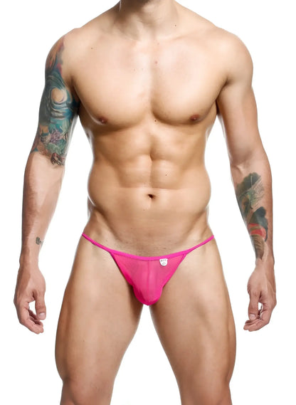 Bright pink mesh MOB men’s sheer bikini thong with small white logo on the front highlighting its breathable design
