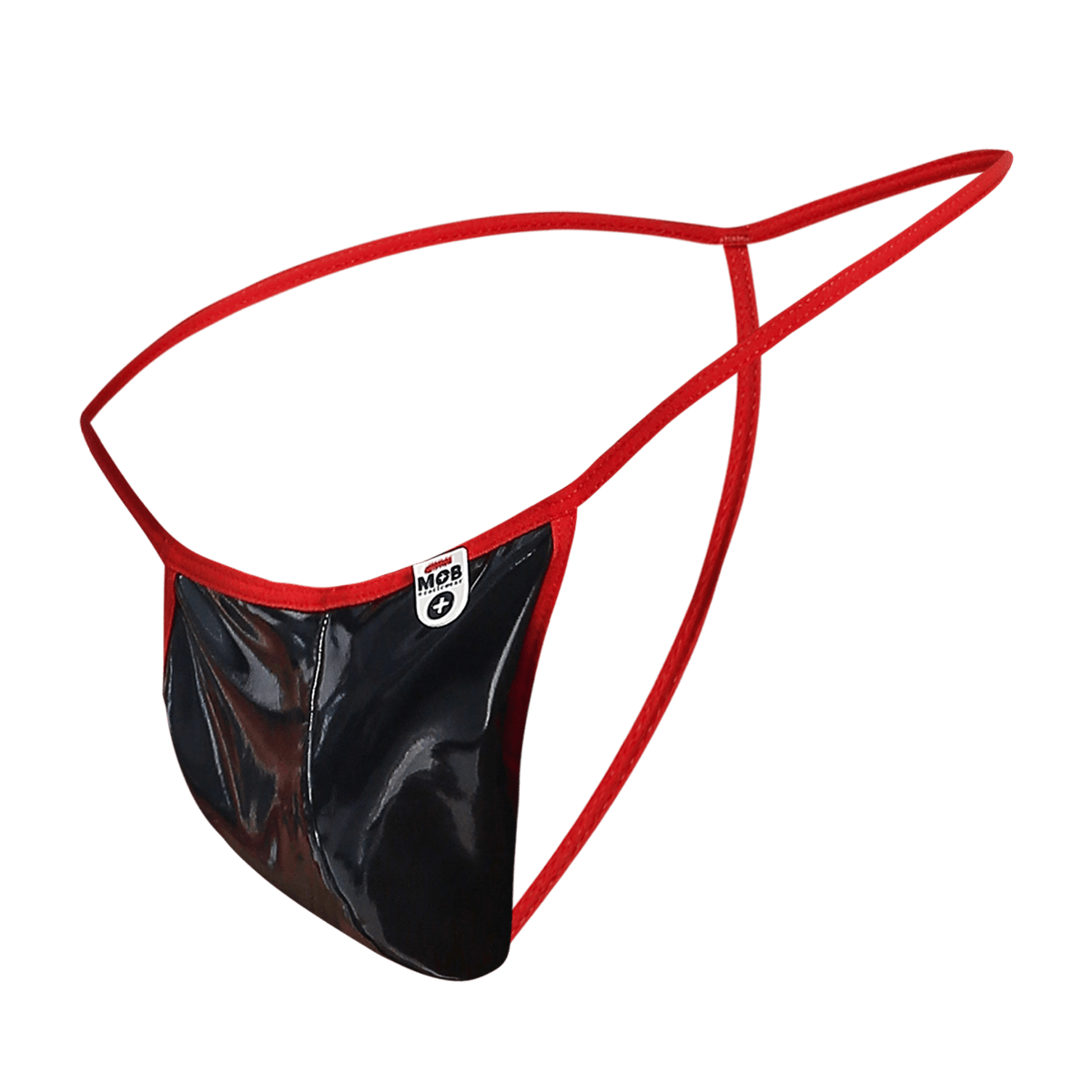 Red and black glossy latex mob men’s sheer t back thong with a small white label on the front