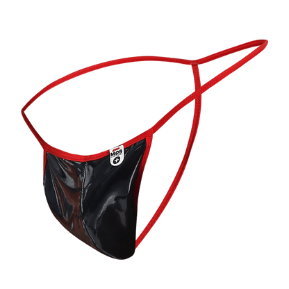 Red and black glossy latex mob men’s sheer t back thong with a small white label on the front