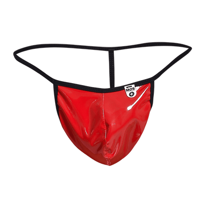 Red glossy latex thong with black elastic waistband and white logo patch shown from the back for men by mob