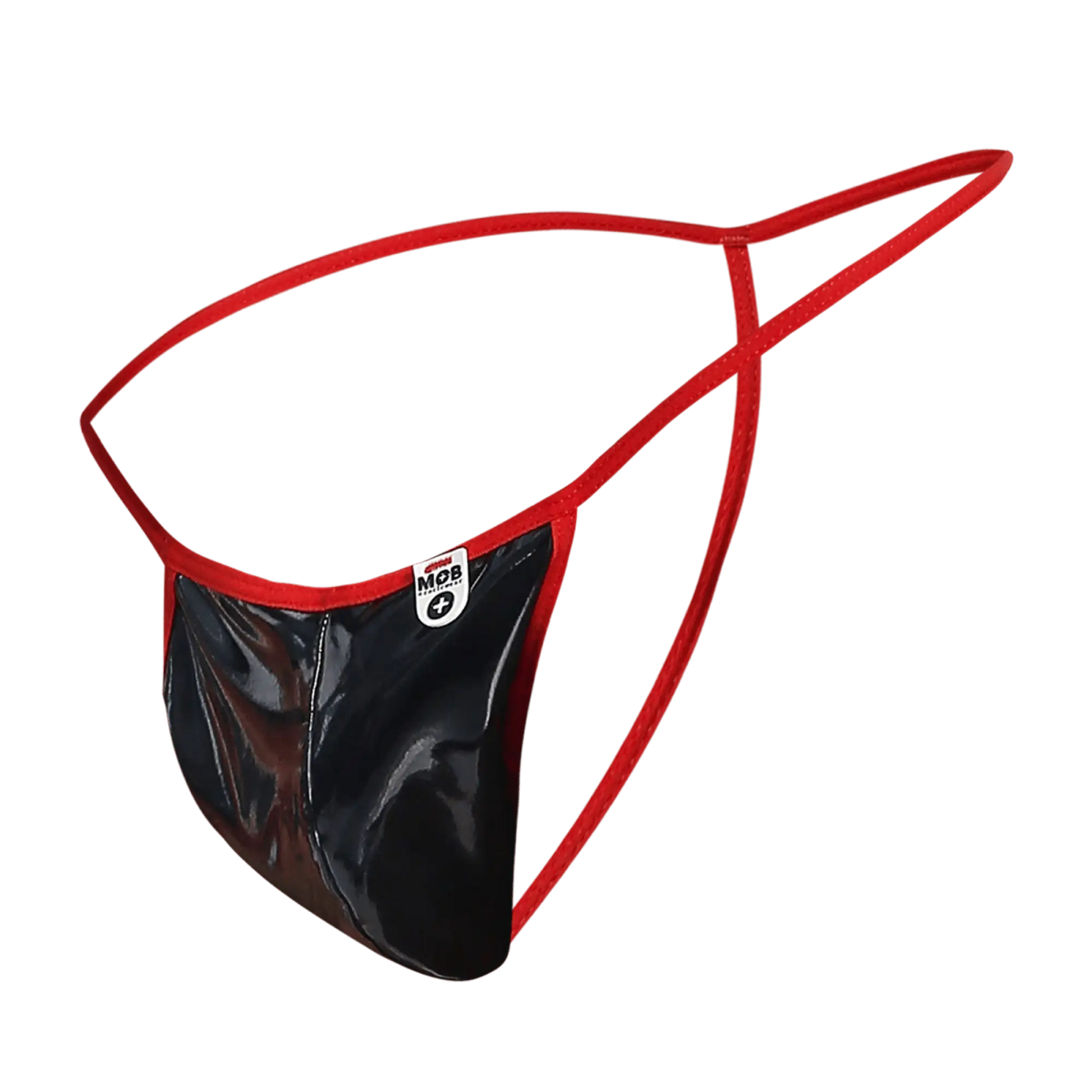 Red and black glossy latex mob men’s sheer t back thong with a small white label on the front