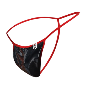 Red and black glossy latex mob men’s sheer t back thong with a small white label on the front