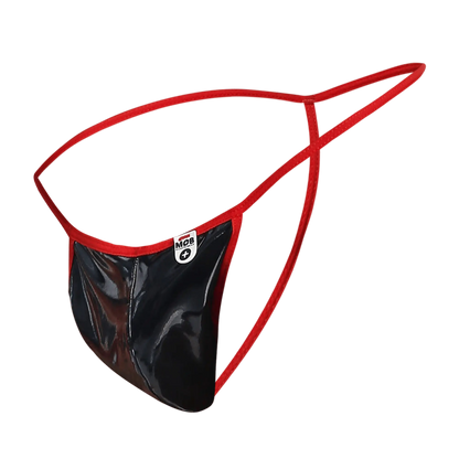 Red and black glossy latex mob men’s sheer t back thong with a small white label on the front