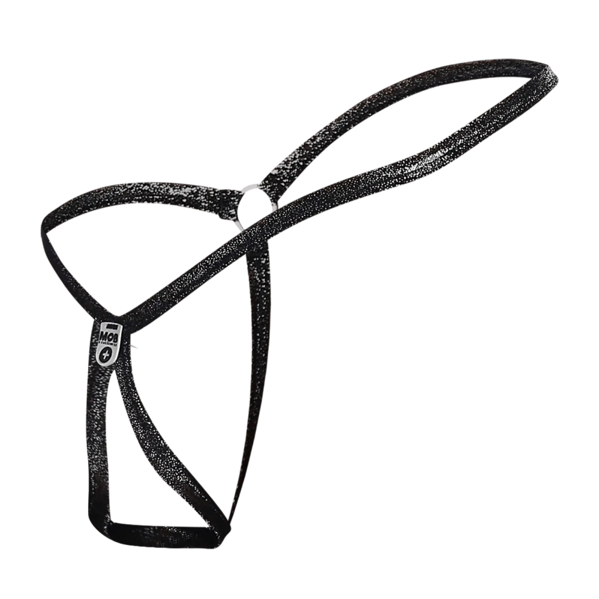 Black glittery men’s tear drop string thong with small white logo tag by mob in back view