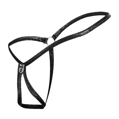 Black glittery men’s tear drop string thong with small white logo tag by mob in back view