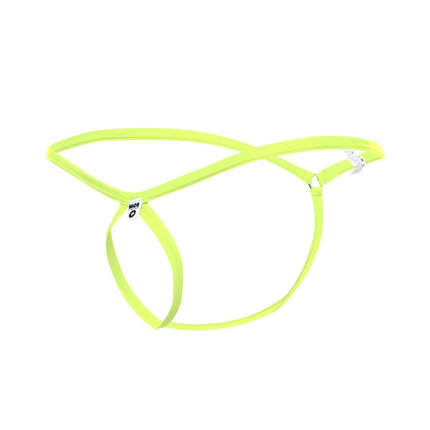 Bright neon green mob mens tear drop string thong made of stretchy fabric with minimalist design and small brand tags