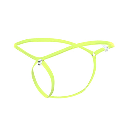 Bright neon green mob mens tear drop string thong made of stretchy fabric with minimalist design and small brand tags