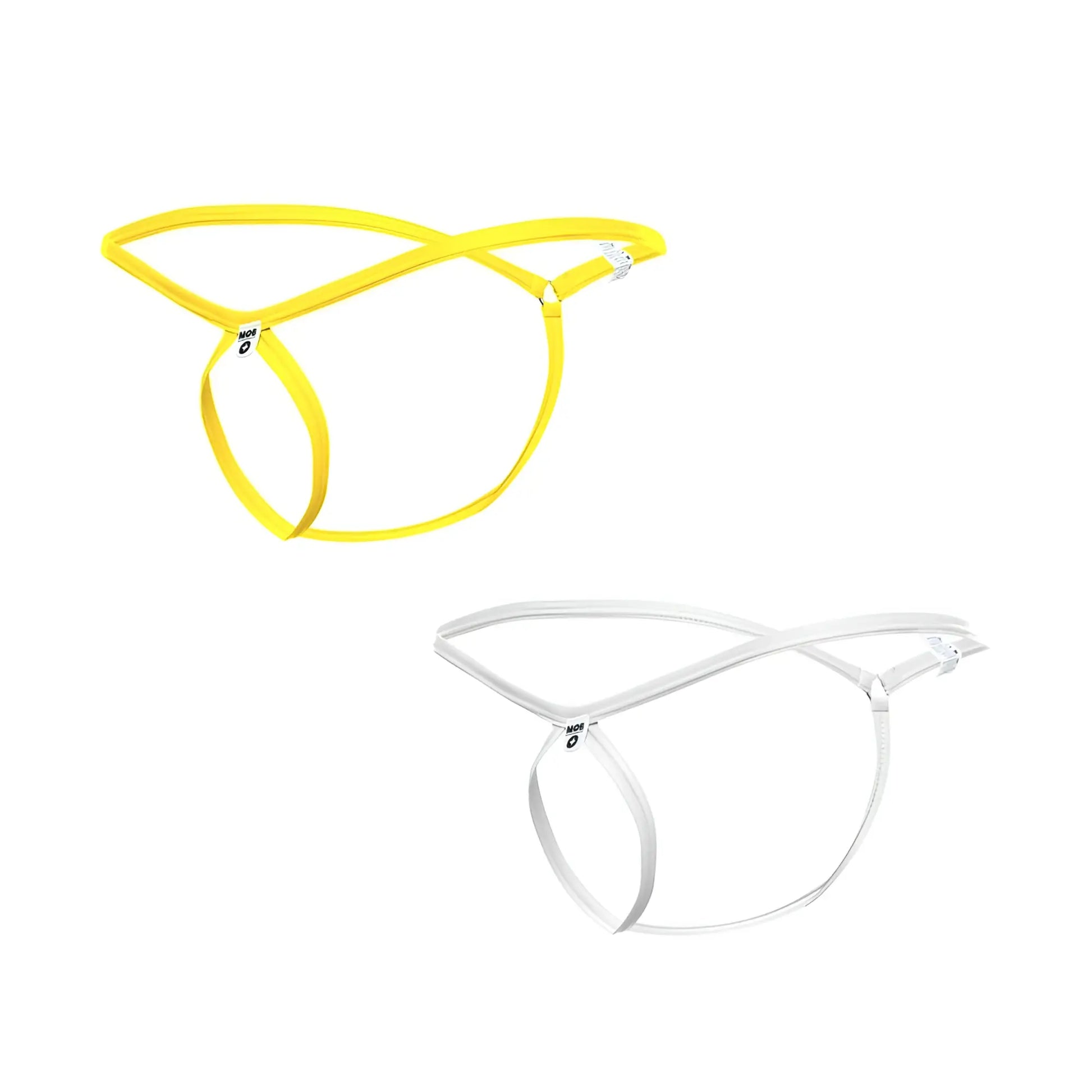 MOB men’s tear drop string thong in yellow and clear transparent lace with minimalist design shown from the front
