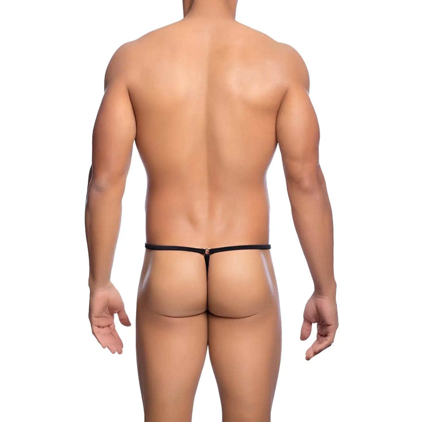 MOB men’s tear drop string thong black with thin smooth elastic band and small metallic clasp at center front