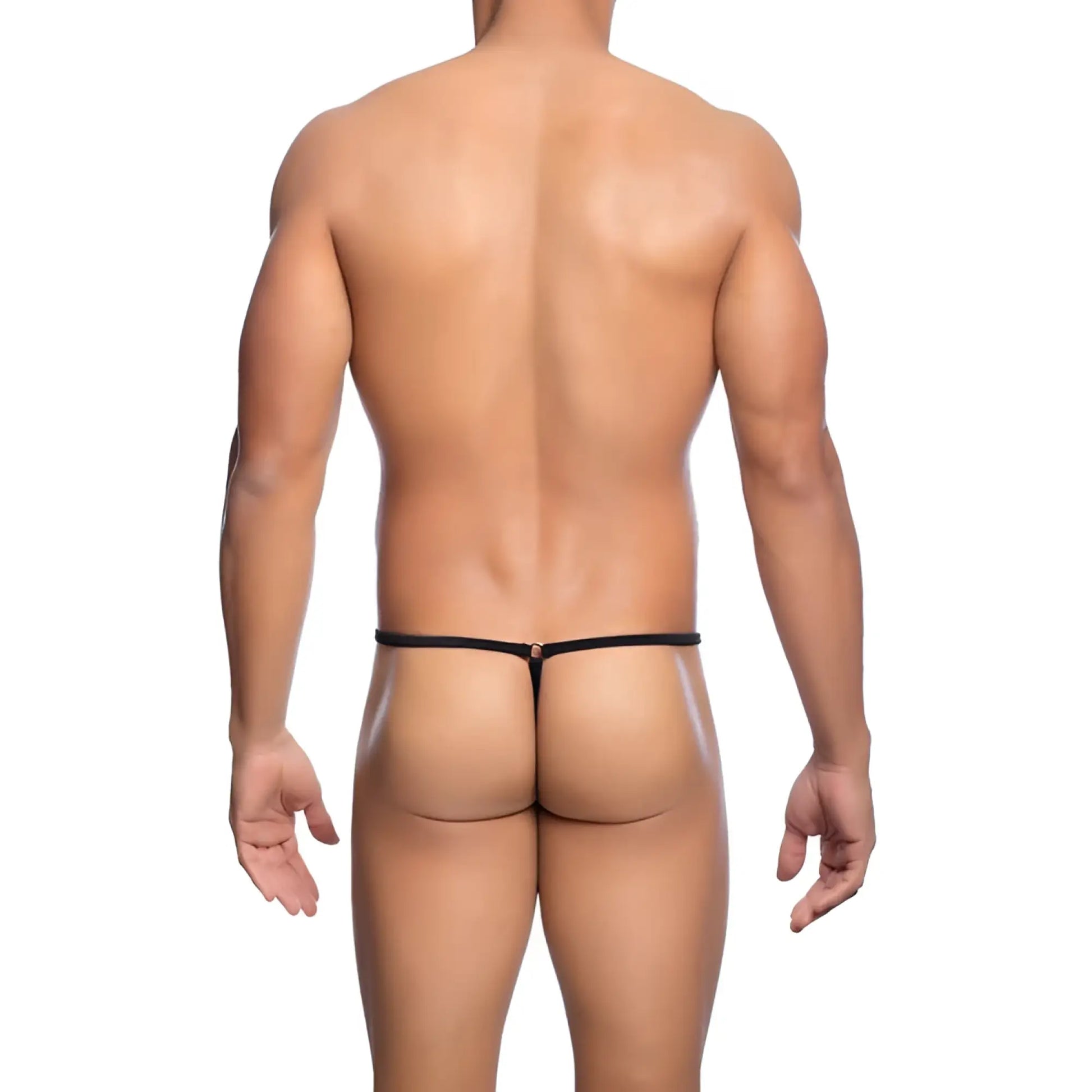 MOB men’s tear drop string thong black with thin smooth elastic band and small metallic clasp at center front