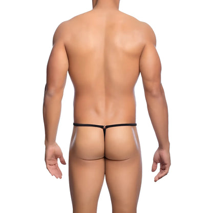 MOB men’s tear drop string thong black with thin smooth elastic band and small metallic clasp at center front
