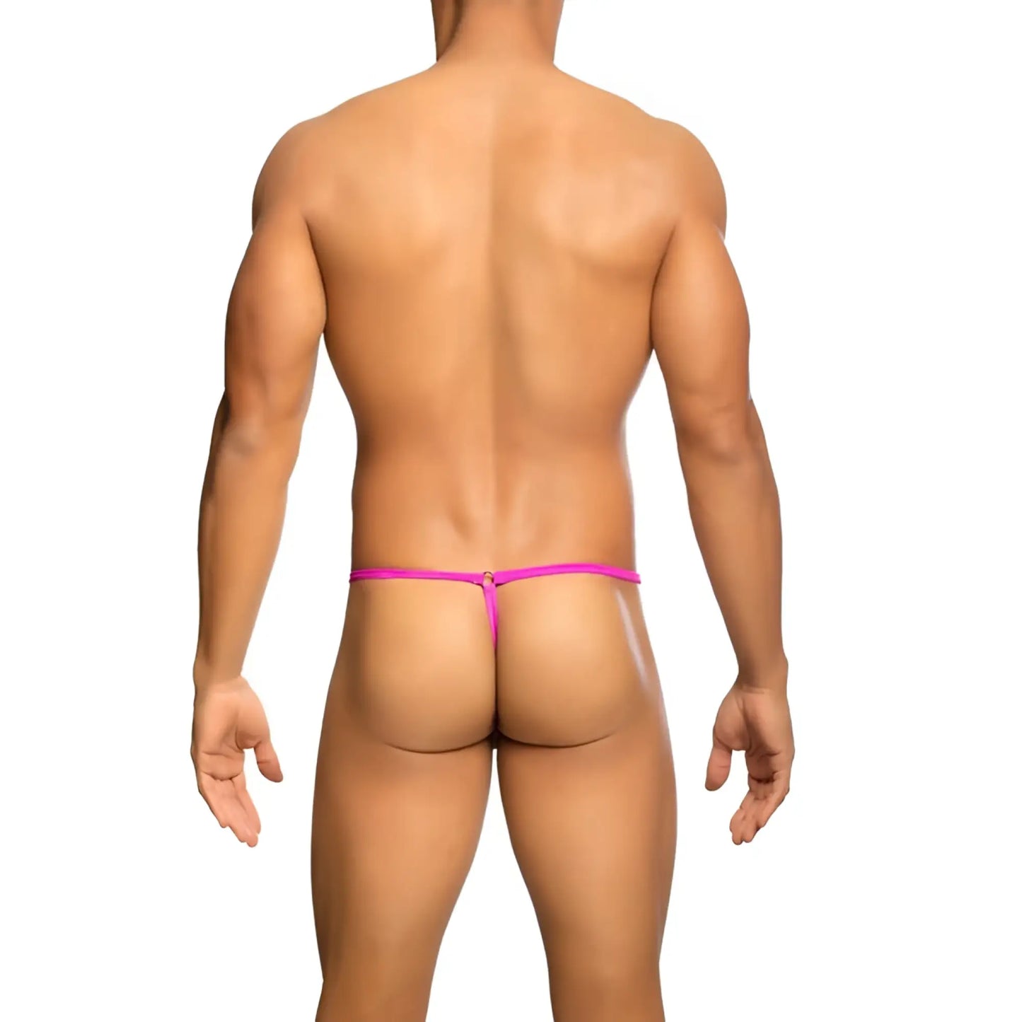 Bright pink mob men’s tear drop string thong back view with thin smooth fabric waistband and small metal ring