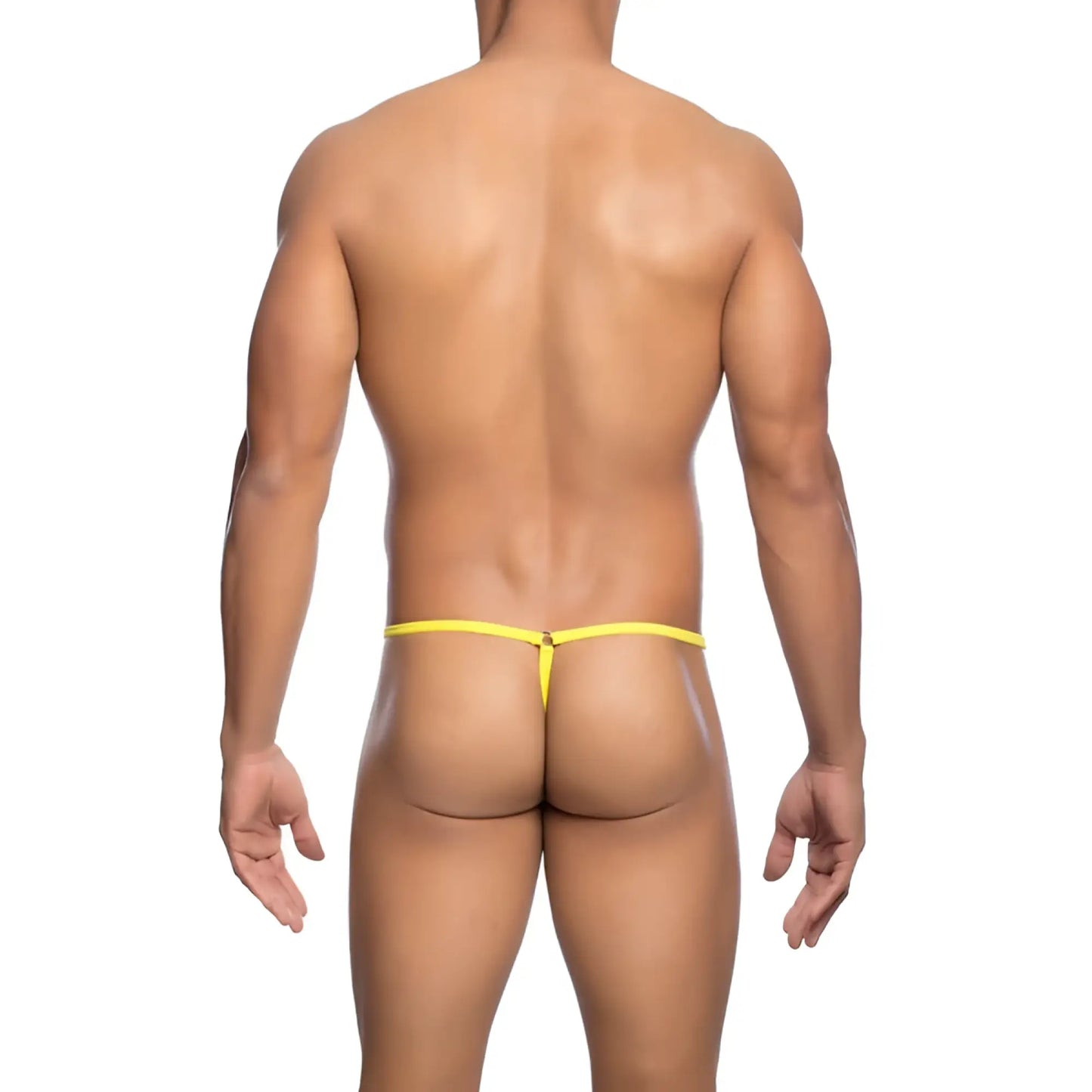 Bright yellow mob mens tear drop string thong with thin seamless design shown from the back side