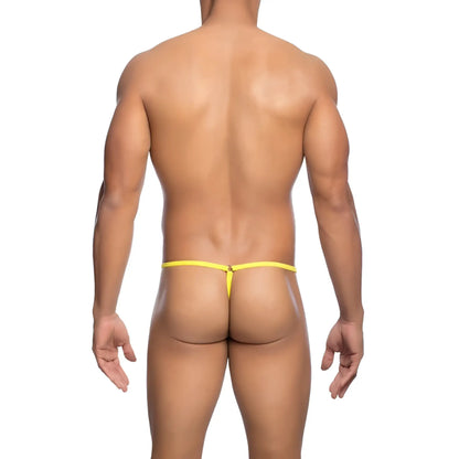 Bright yellow mob mens tear drop string thong with thin seamless design shown from the back side