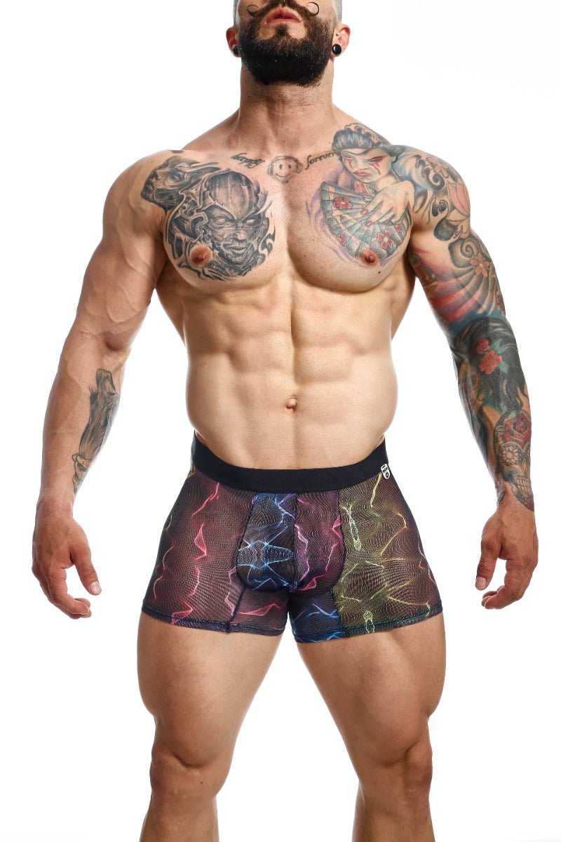 Mob mesh boxer men’s black and multicolored lightning-patterned mesh boxer briefs front view