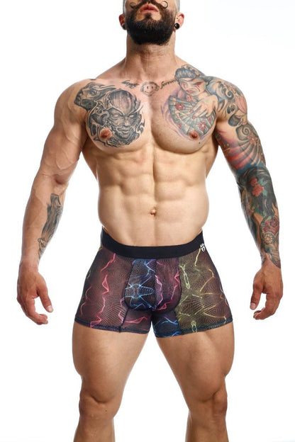 Mob mesh boxer men’s black and multicolored lightning-patterned mesh boxer briefs front view