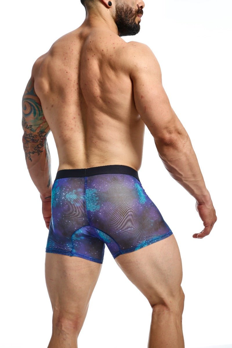 Mob mesh boxer blue and purple galaxy patterned mesh boxer briefs with black waistband front view