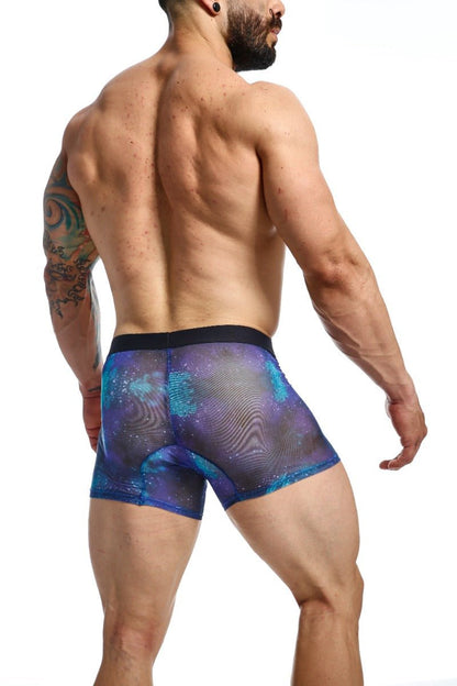Mob mesh boxer blue and purple galaxy patterned mesh boxer briefs with black waistband front view