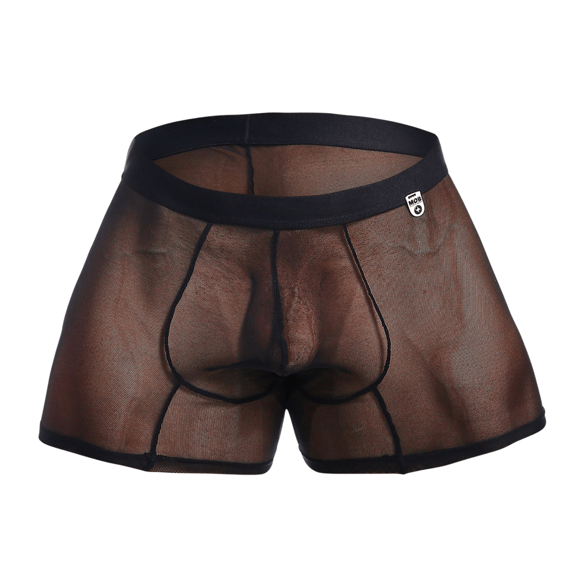 Black mesh men’s MOB mesh boxer underwear with solid black waistband and trim showing front side details