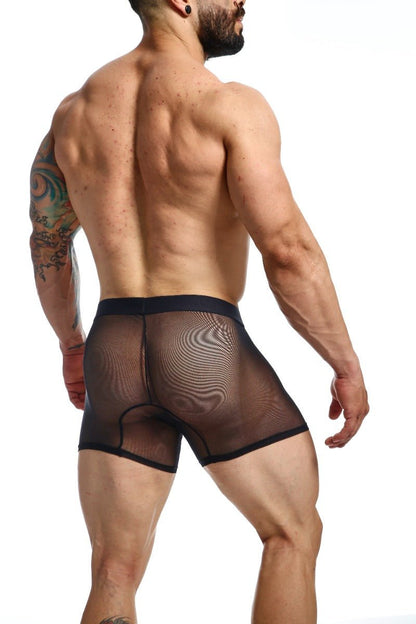 Black mesh boxer briefs with subtle wave pattern and reinforced waistband from mob mesh boxer collection