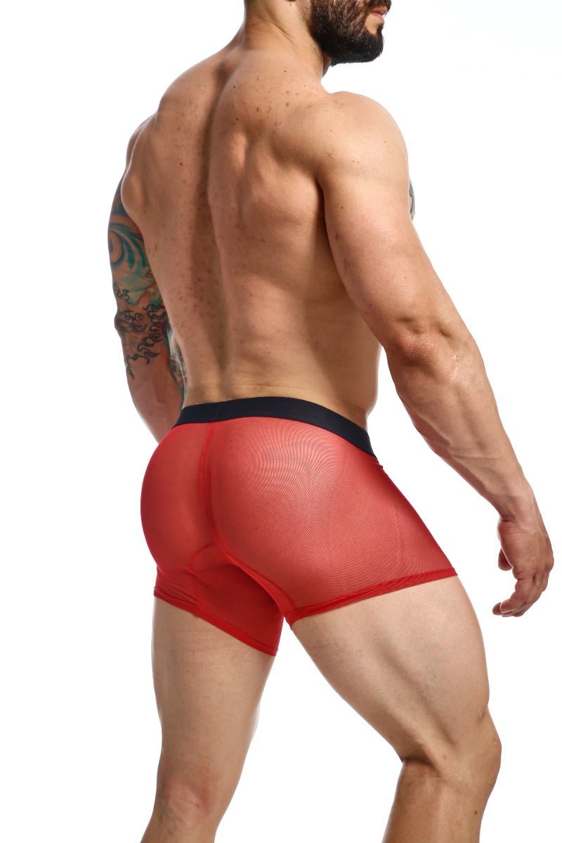 Red mesh boxer briefs with a black waistband from mob mesh boxer featuring breathable mesh fabric