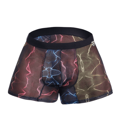 Vibrant multicolored mob mesh boxer featuring abstract pink blue and gold waves on sheer fabric with black waistband