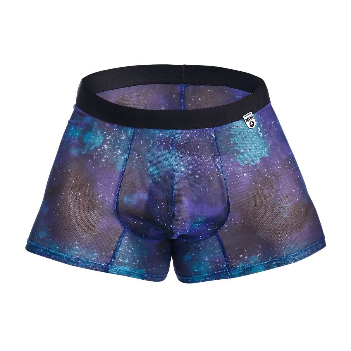 Purple and blue galaxy patterned mesh boxer briefs with black elastic waistband from mob mesh boxer collection