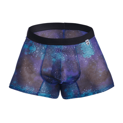 Purple and blue galaxy patterned mesh boxer briefs with black elastic waistband from mob mesh boxer collection