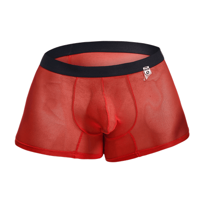 Red sheer mesh mens boxer briefs with black elastic waistband and white brand tag from mob mesh boxer collection