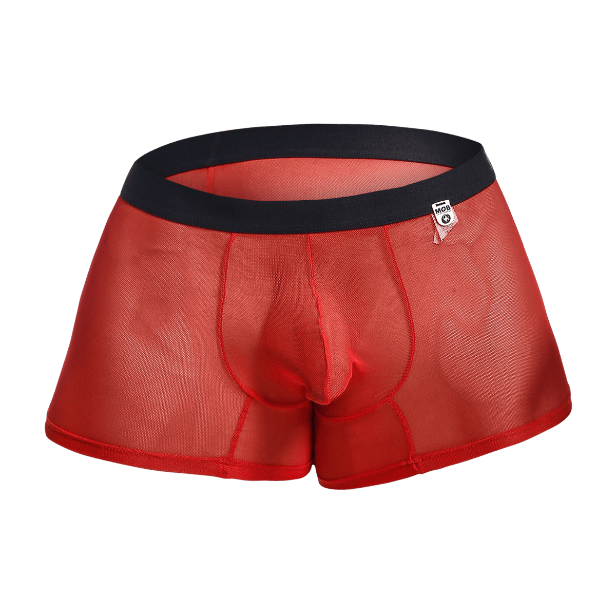 Red sheer mesh men’s boxer briefs with black elastic waistband and white brand tag from MOB Mesh Boxer collection
