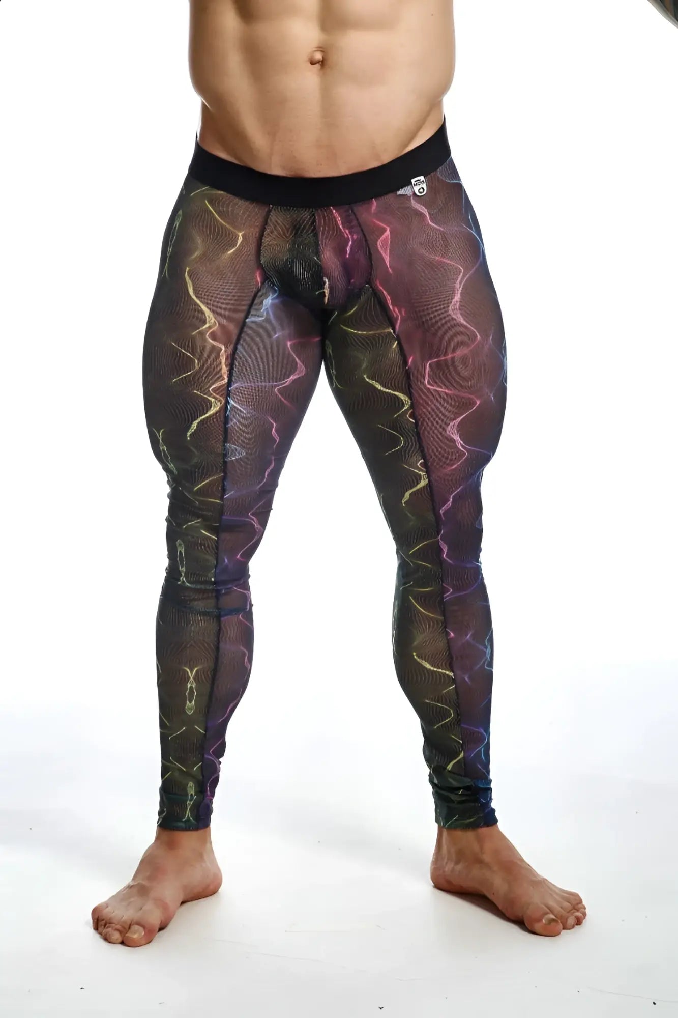 Black mesh leggings mob mesh tights with vibrant iridescent purple pink and gold lightning bolt pattern