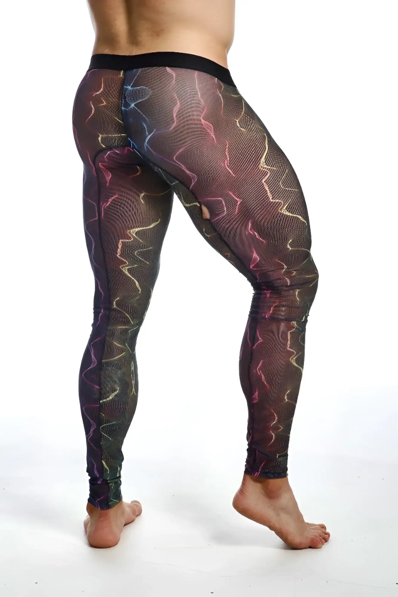 MOB mesh tights in black featuring vibrant iridescent pink blue and gold lightning bolt pattern on mesh leggings