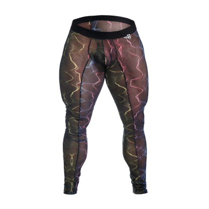 Black mesh MOB mesh tights with vibrant glowing neon wave pattern in pink yellow and blue