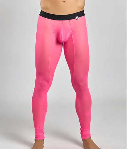 Mob mesh tights bright pink form-fitting athletic leggings with black waistband and subtle seam detailing
