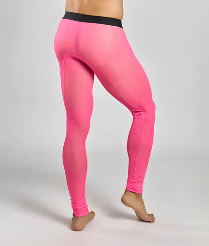 Bright pink mob mesh tights featuring form-fitting leggings with a black waistband
