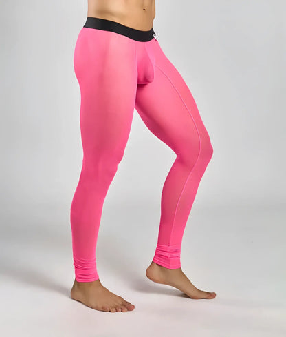 Bright pink mob mesh tights featuring sheer mesh fabric and a black elastic waistband for comfort and style