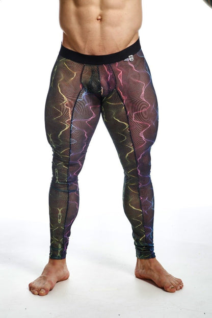 Black mesh leggings with vibrant purple pink and gold iridescent lightning bolt pattern mob mesh tights front view