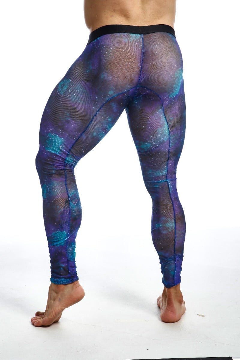 Purple and teal galaxy-patterned mesh leggings with black waistband from mob mesh tights front view