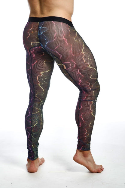Black mesh leggings featuring vibrant iridescent pink blue and gold lightning bolt pattern mob mesh tights