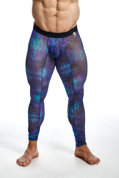 Purple and teal galaxy-patterned MOB mesh tights with compression and black waistband for activewear use