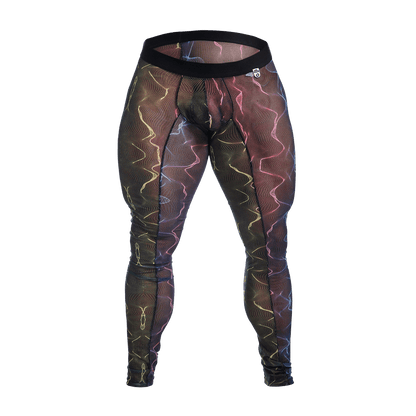 Black mesh leggings with vibrant neon wave pattern in pink yellow and blue from MOB mesh tights collection
