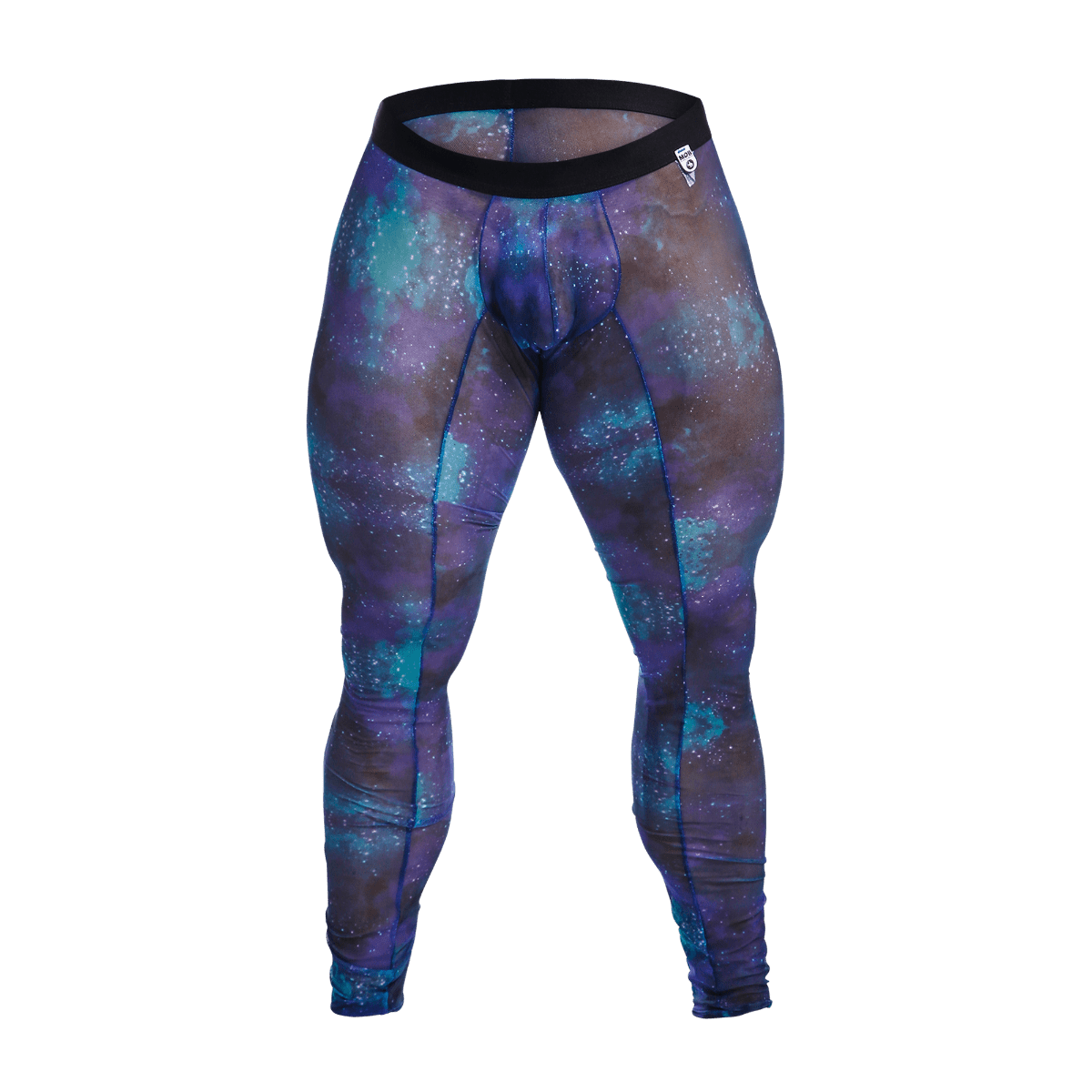 Purple and teal galaxy-patterned compression leggings with black waistband from MOB Mesh Tights collection