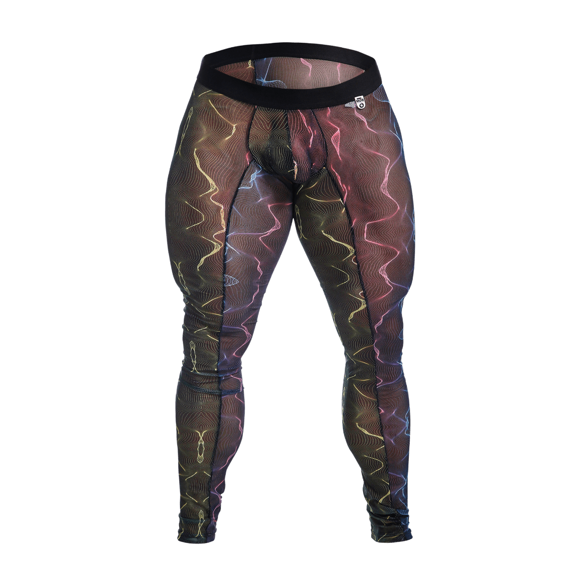 Black mesh leggings mob mesh tights featuring vibrant glowing neon wave pattern in pink yellow and blue