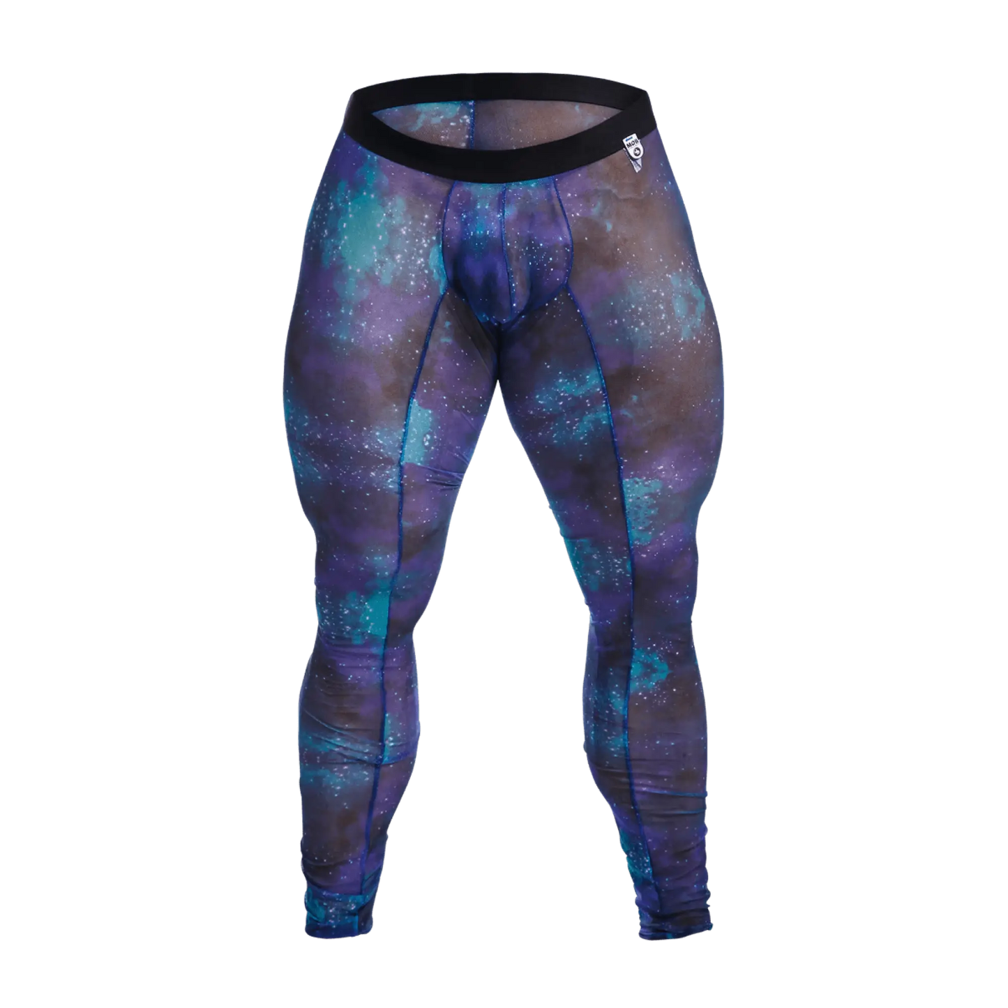 Mob mesh tights compression leggings with purple and teal galaxy pattern and black waistband