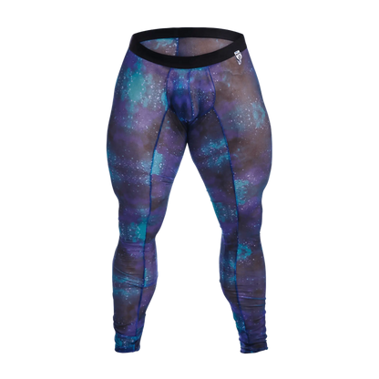 Purple and teal galaxy-patterned compression leggings with black waistband from MOB mesh tights front view