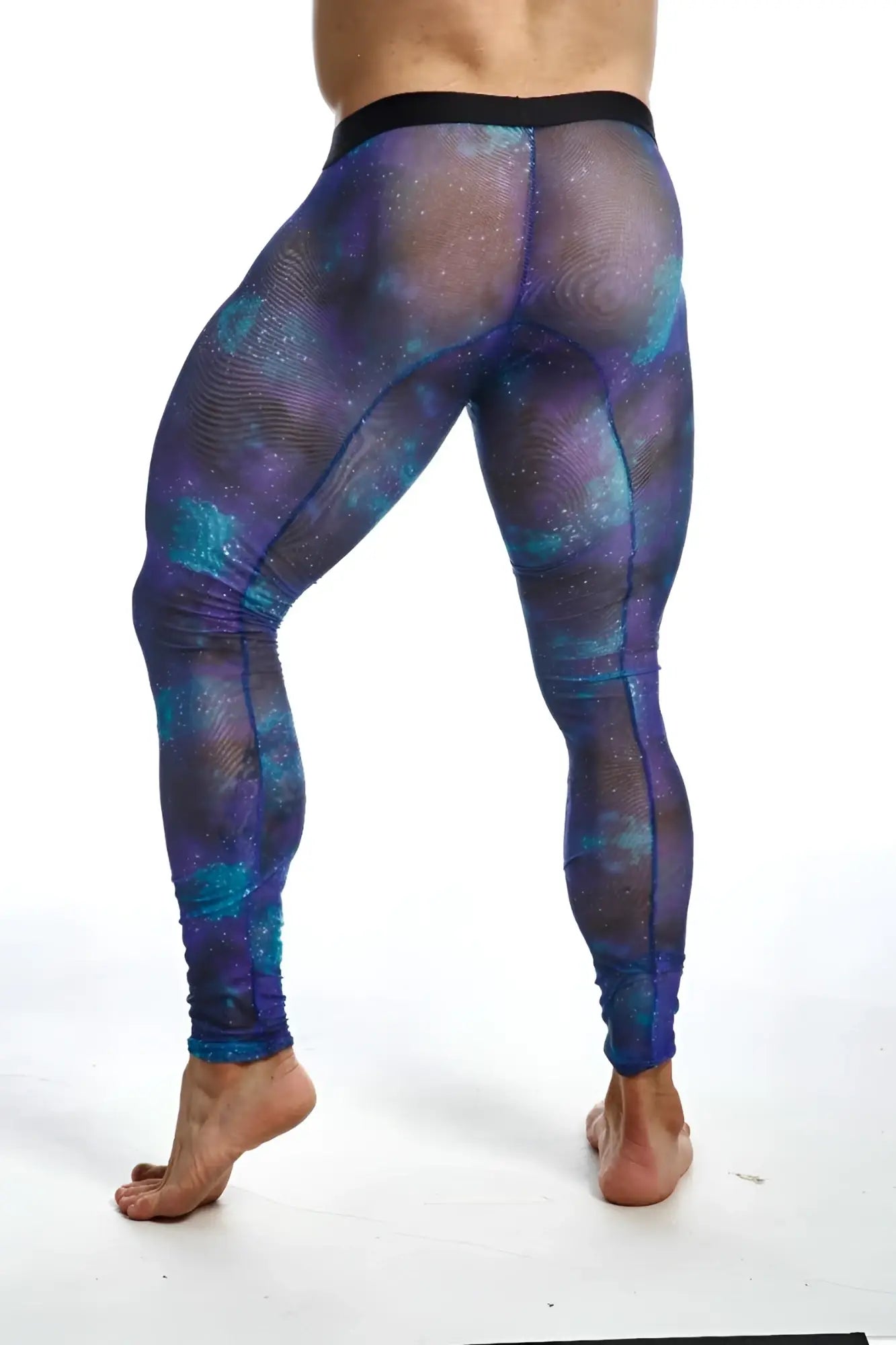 Mob mesh tights purple and teal galaxy-patterned mesh leggings with black waistband showing front side