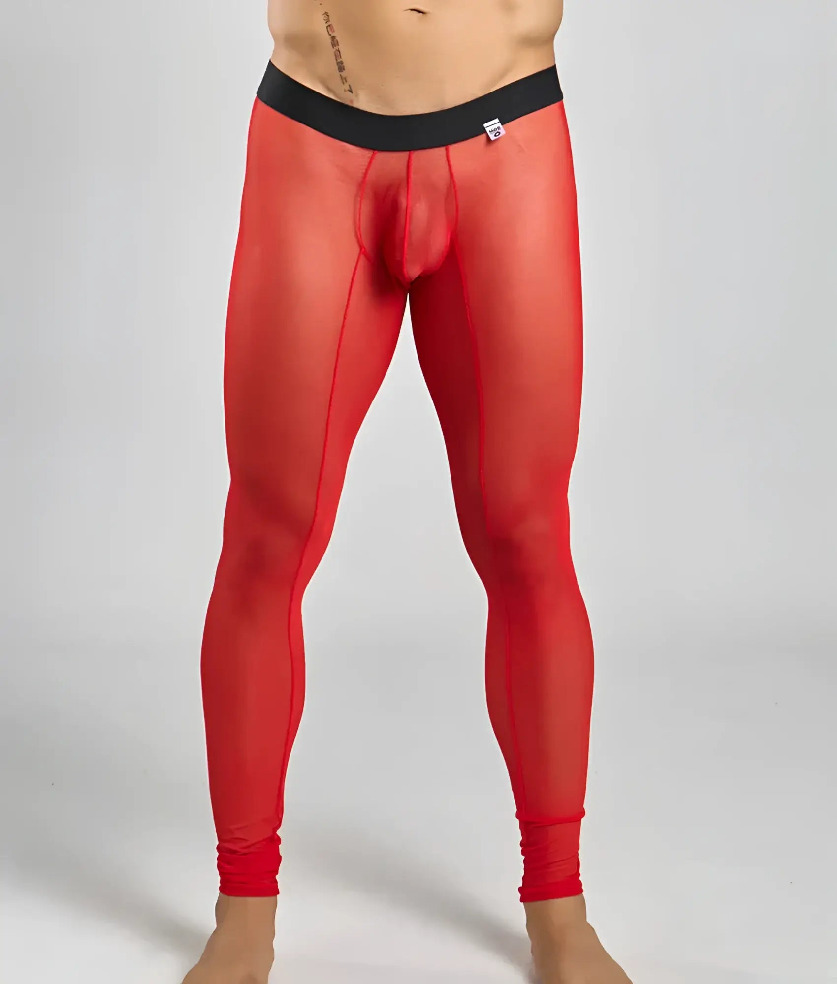 Red sheer mesh men’s leggings with black waistband from mob mesh tights shown from the front angle