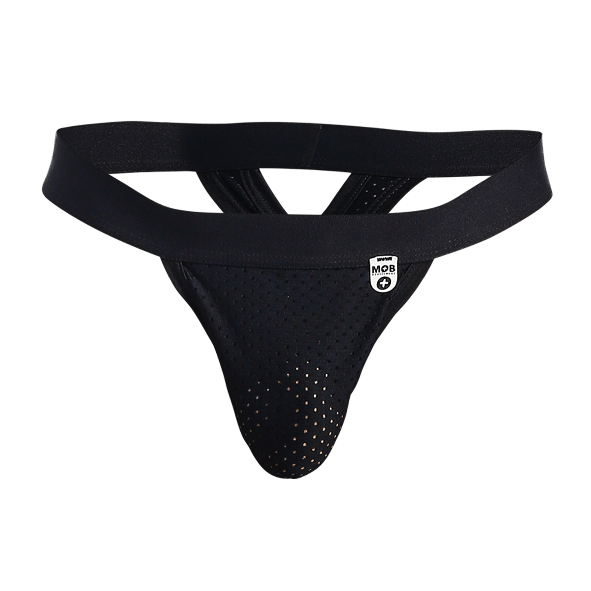 Black perforated athletic supporter mob mesh y thong with wide elastic waistband and small white logo patch