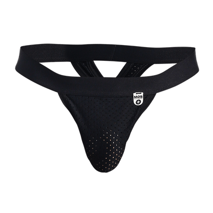Black perforated athletic supporter mob mesh y thong with wide elastic waistband and small white logo patch